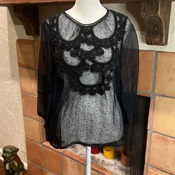 Manoush sheer black mesh top with floral appliqués, size S! - Picture 1 of 9